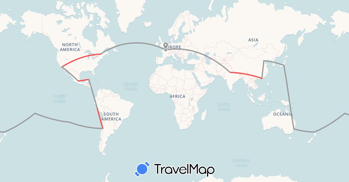 TravelMap itinerary: driving, plane, hiking in Australia, Canada, Chile, China, France, Hong Kong, India, Japan, Mexico, New Zealand, Peru, French Polynesia, United States (Asia, Europe, North America, Oceania, South America)